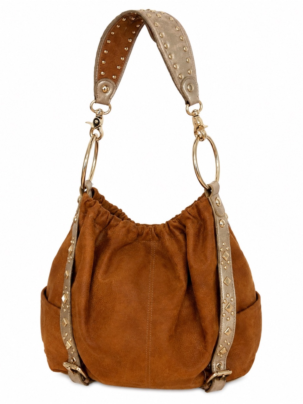 Y2K Kathy Van Zeeland Studded Boho Hobo Shoulder Bag Camel Brown